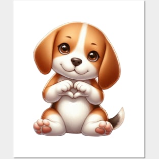 Valentine Beagle Dog Giving Heart Hand Sign Posters and Art